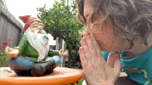 Image Caption: Henny offering peace to Om the Gnome